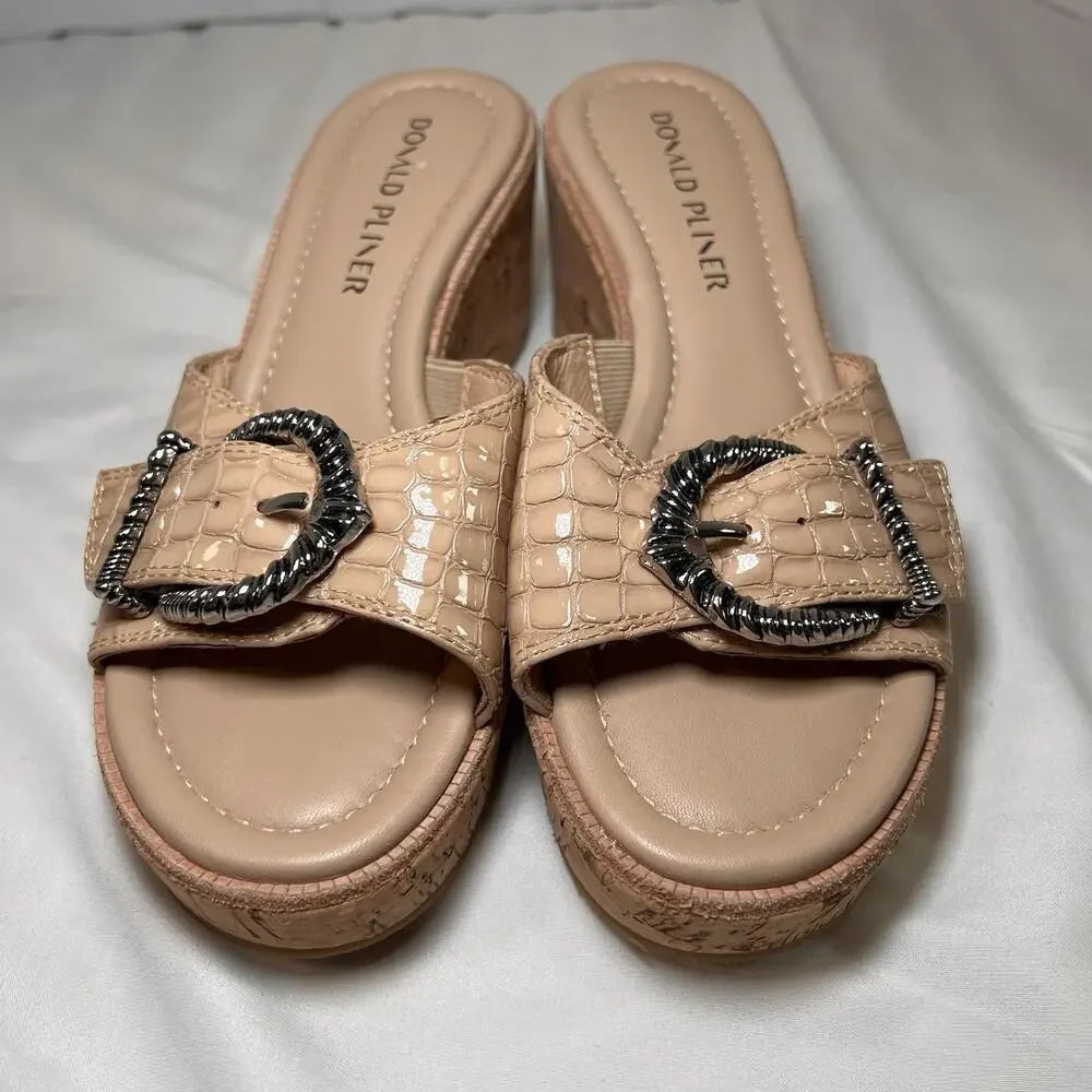 Donald Pliner Womens Size 7M Nude Croc Embossed Silver Buckle Cork Wedge Sandals